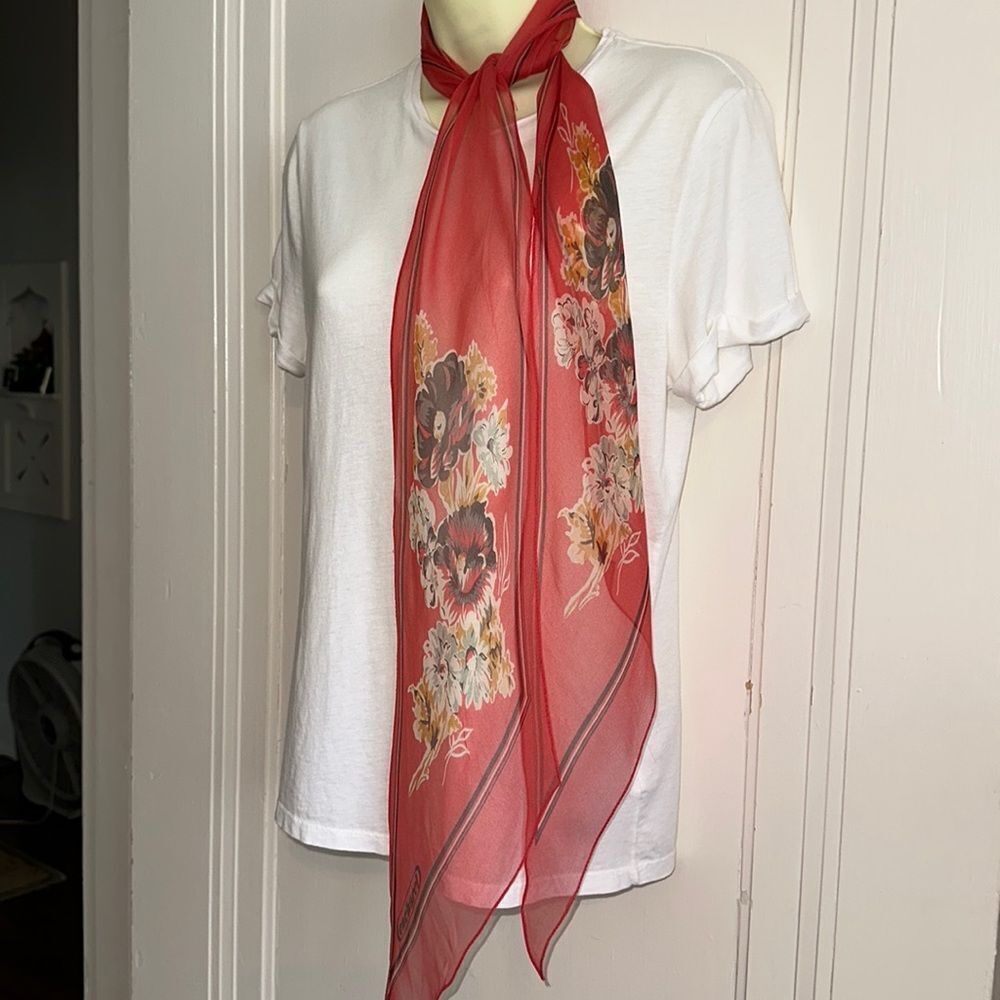 Vintage Cacharel semi sheer salmon pink floral long neck scarf